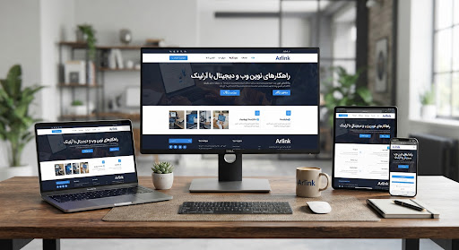 پیش‌نمایش وب‌سایت طراحی‌شده آرلینک روی مانیتور و دستگاه‌های مختلف